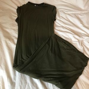 Olive green, long fitted dress